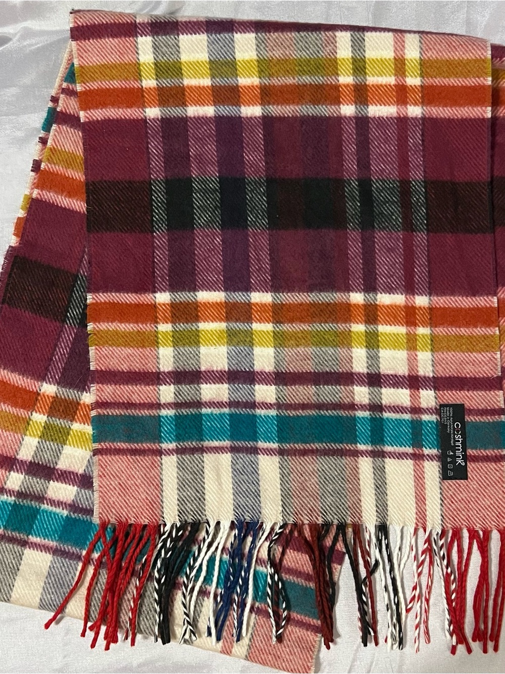 Cashmink Made in Germany Multicolor Plaid Fringe Scarf 65”